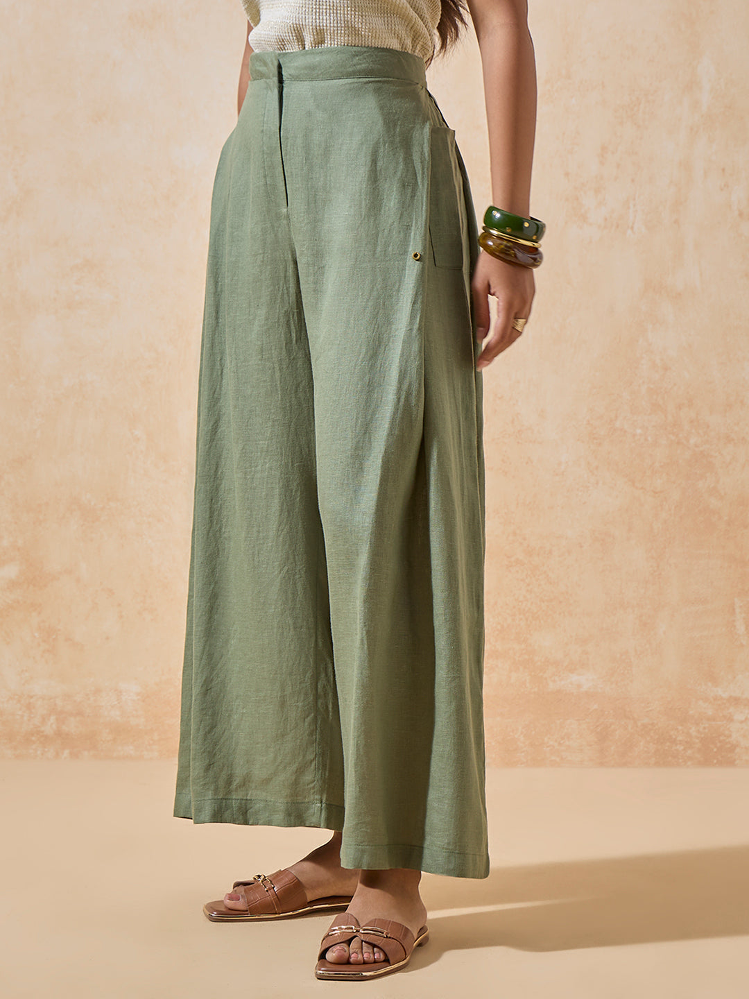 Wide-Leg Linen Pants - Green