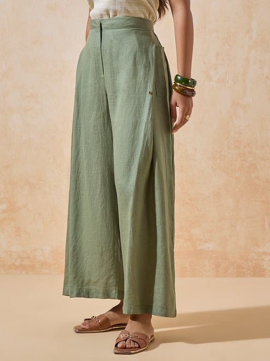 Wide-Leg Linen Pants - Green