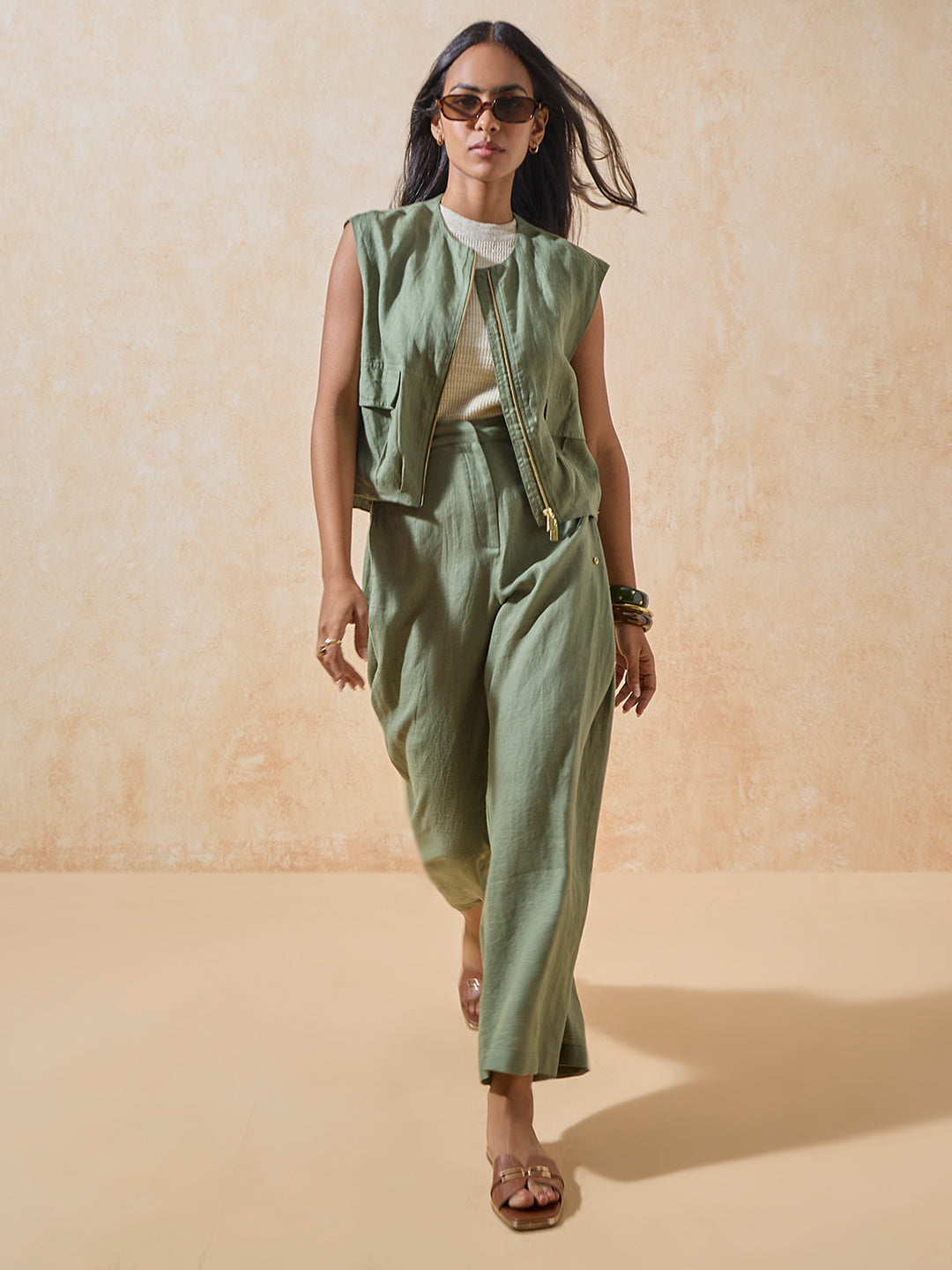 Wide-Leg Linen Pants - Green