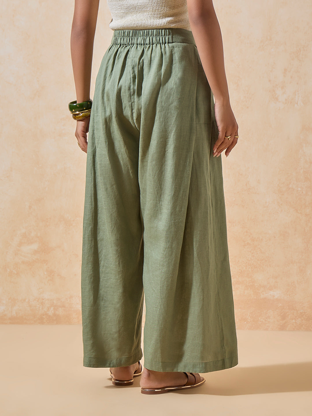 Wide-Leg Linen Pants - Green