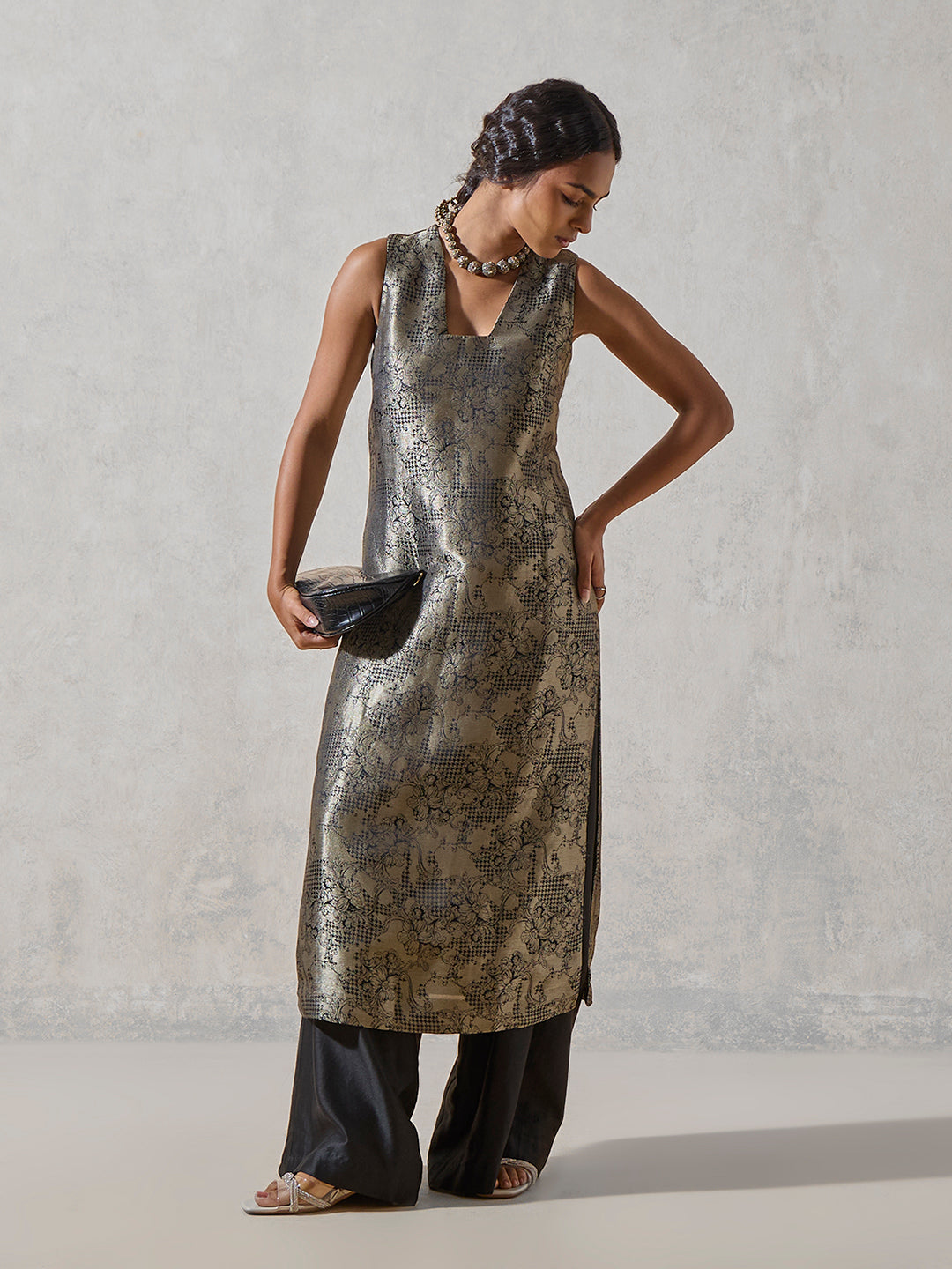 Jacquard A-Line Kurta - Black