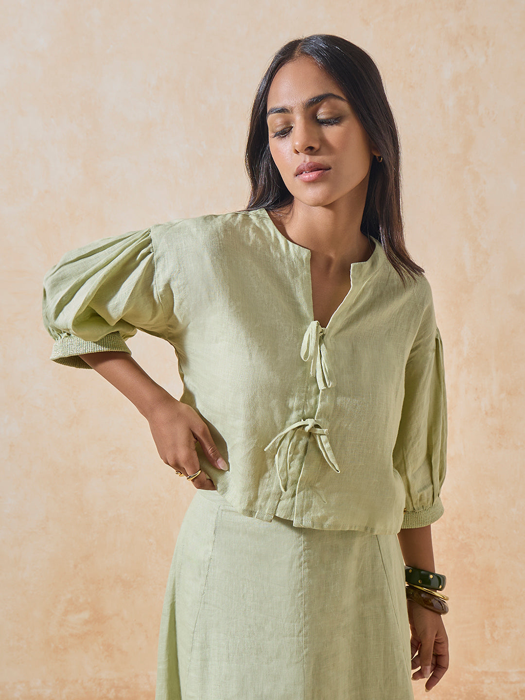 Linen-Blend Top - Green