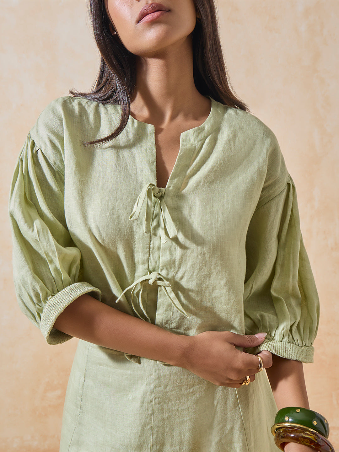 Linen-Blend Top - Green