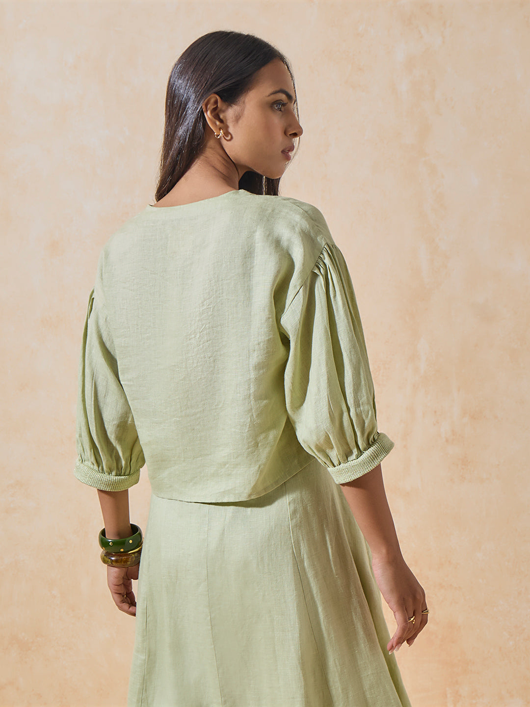 Linen-Blend Top - Green
