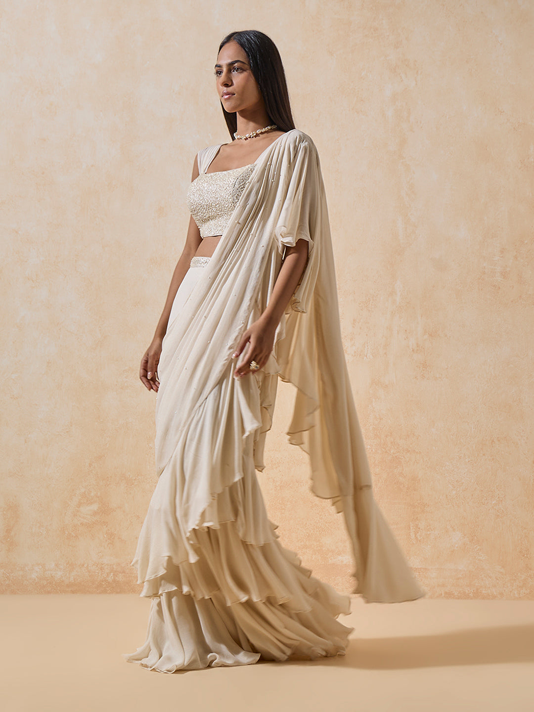 Ruffled Ready-To-Wear Saree - Ivory