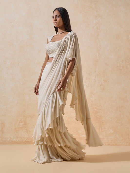 Ruffled Ready-To-Wear Saree - Ivory