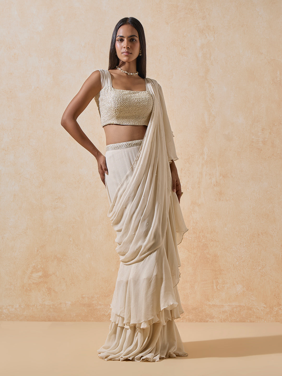 Ruffled Ready-To-Wear Saree - Ivory