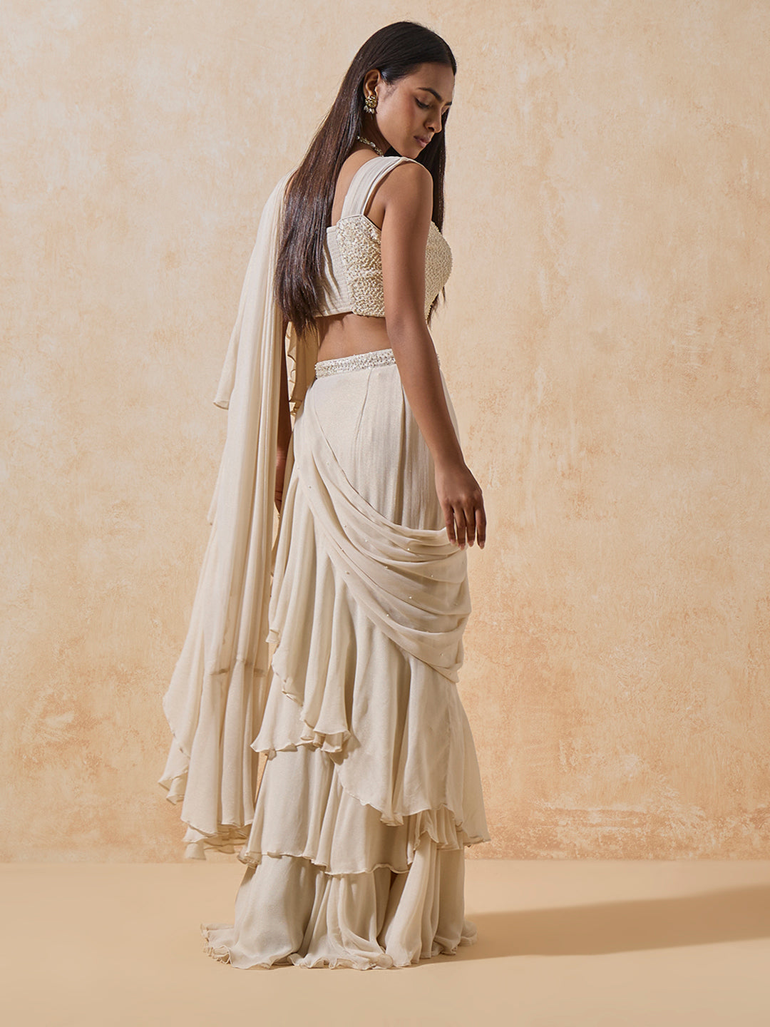 Ruffled Ready-To-Wear Saree - Ivory