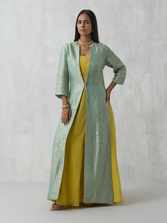 Brocade Jacket with Dress - Blue and Yellow