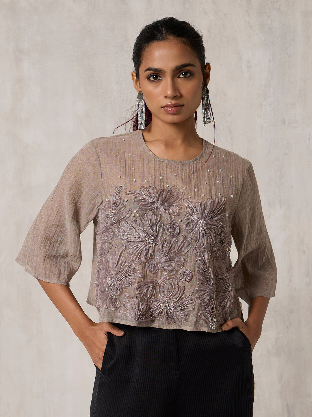 Floral Applique Sheer Top  - Grey