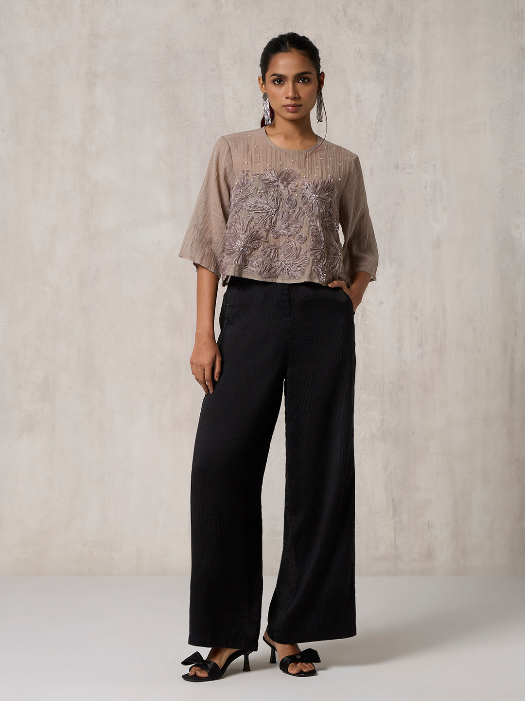 Floral Applique Sheer Top  - Grey