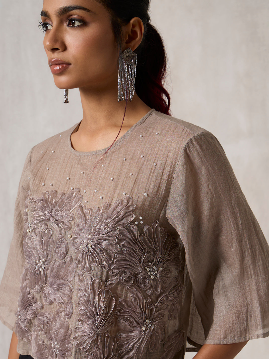 Floral Applique Sheer Top  - Grey