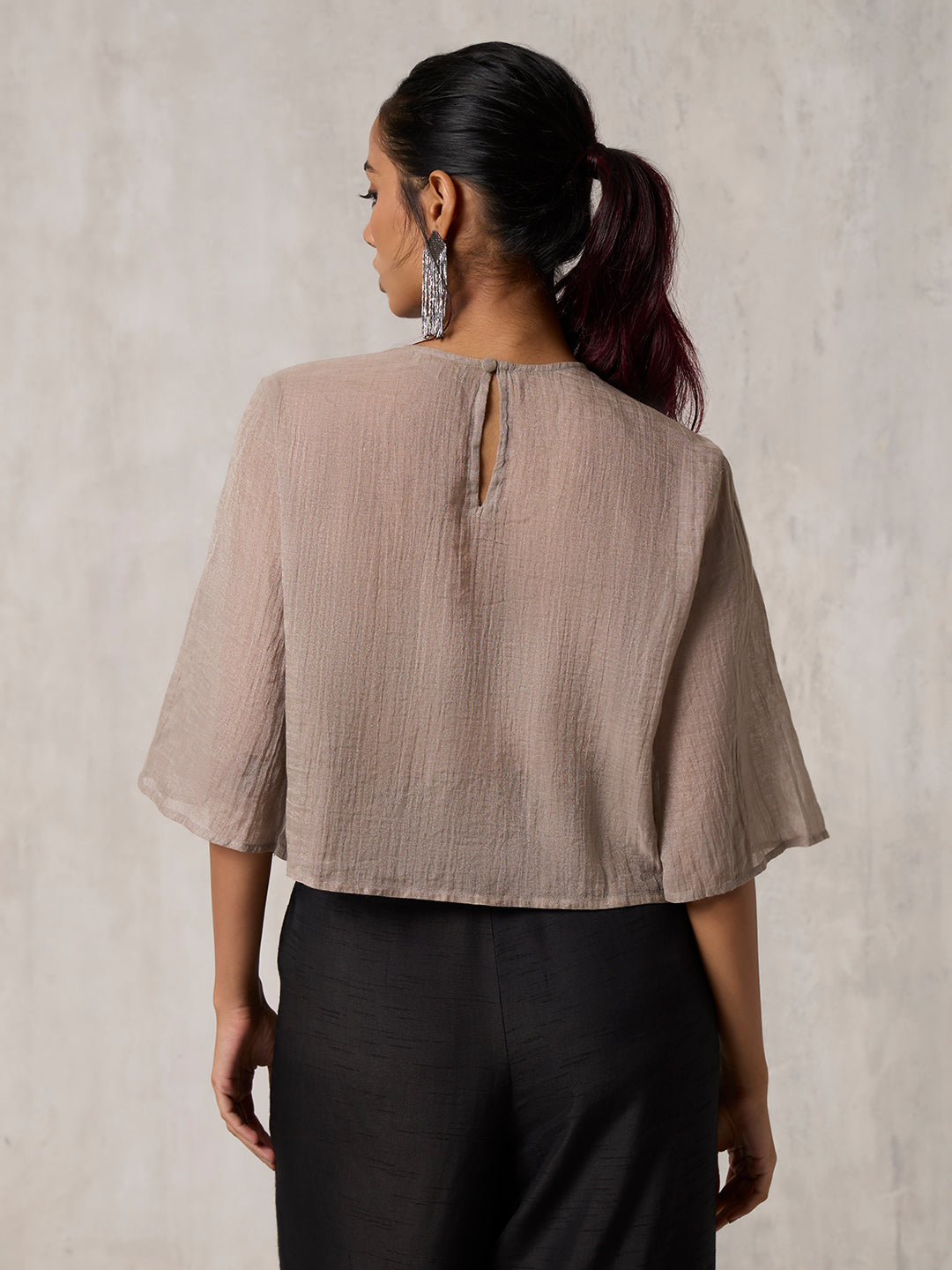 Floral Applique Sheer Top  - Grey