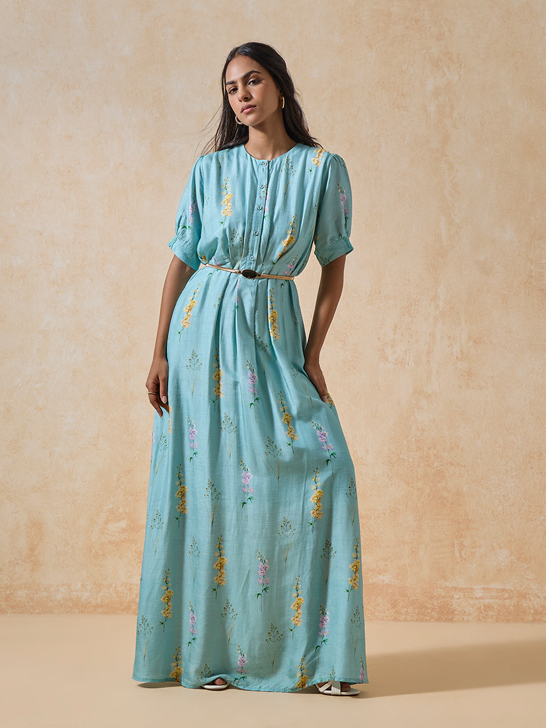 Maxi Dress with Belt - Blue