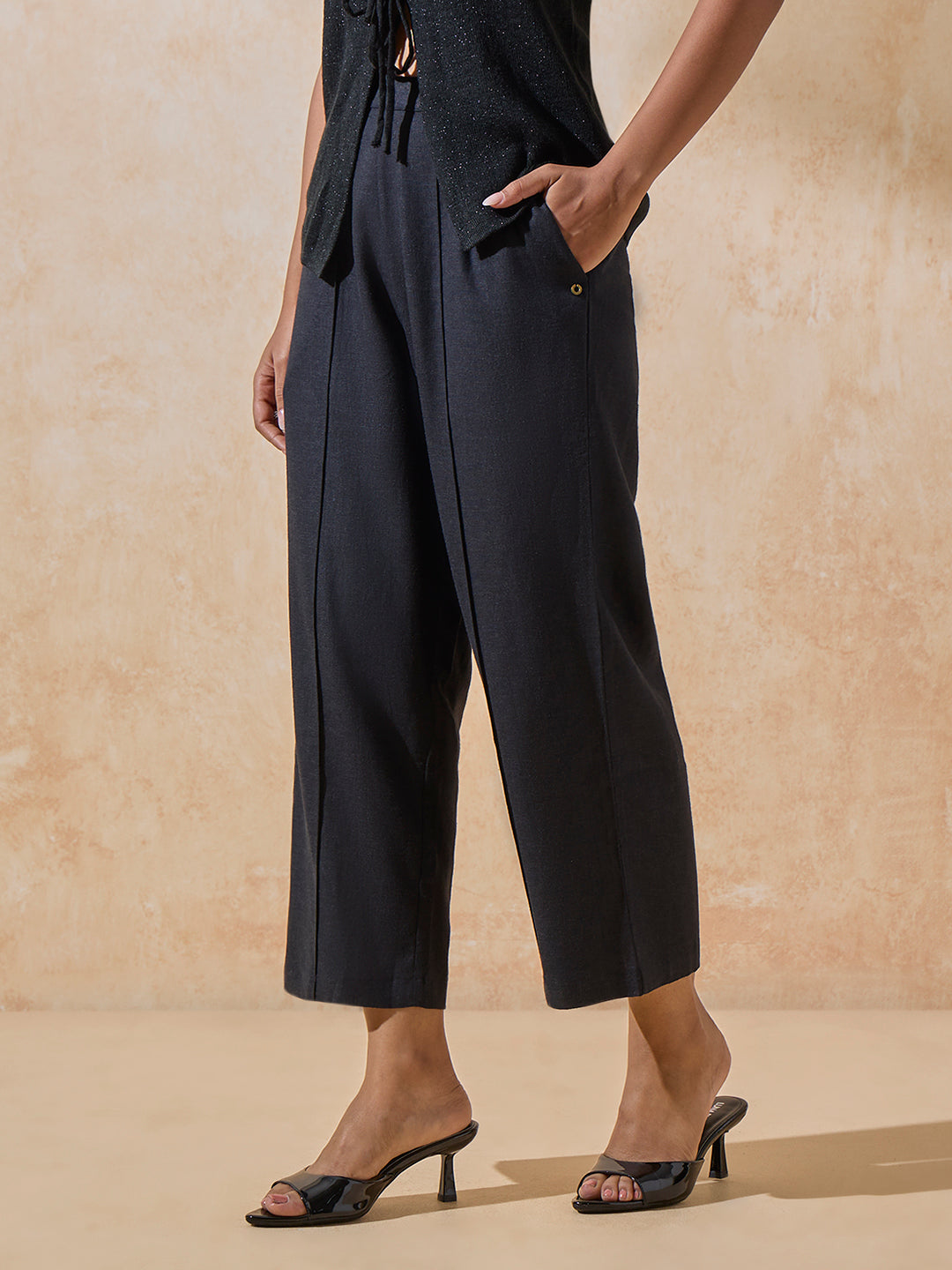 Linen-Blend Trousers - Black