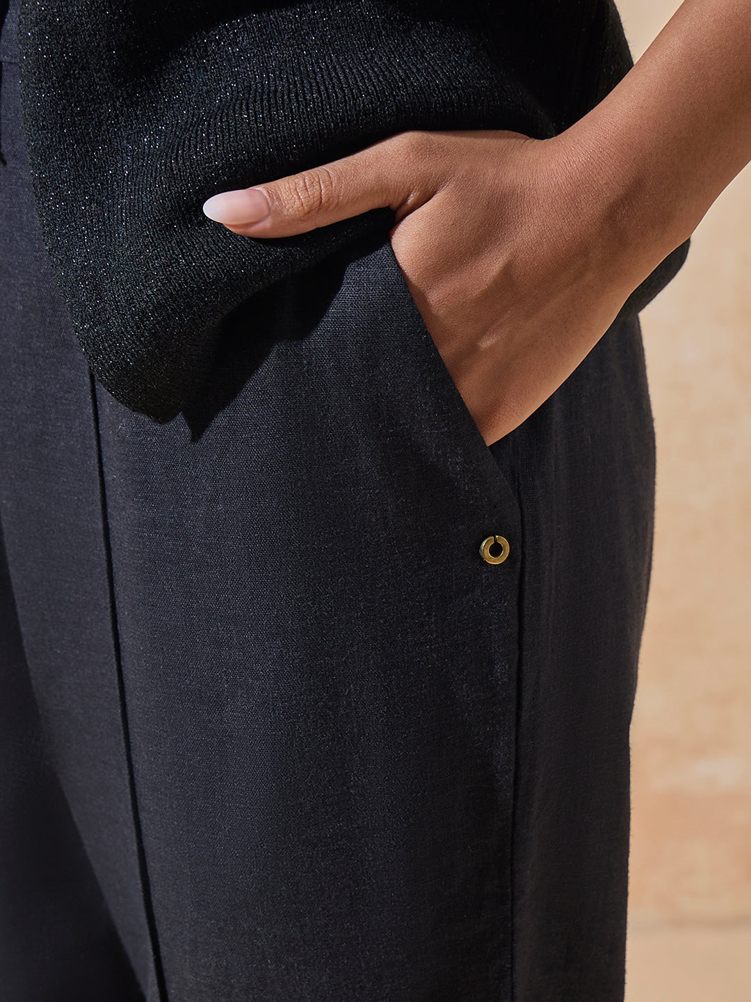 Linen-Blend Trousers - Black