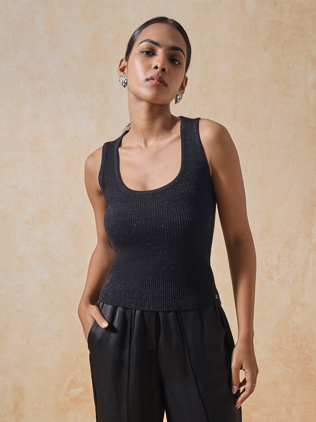 Metallic Ribbed Tank Top - Black