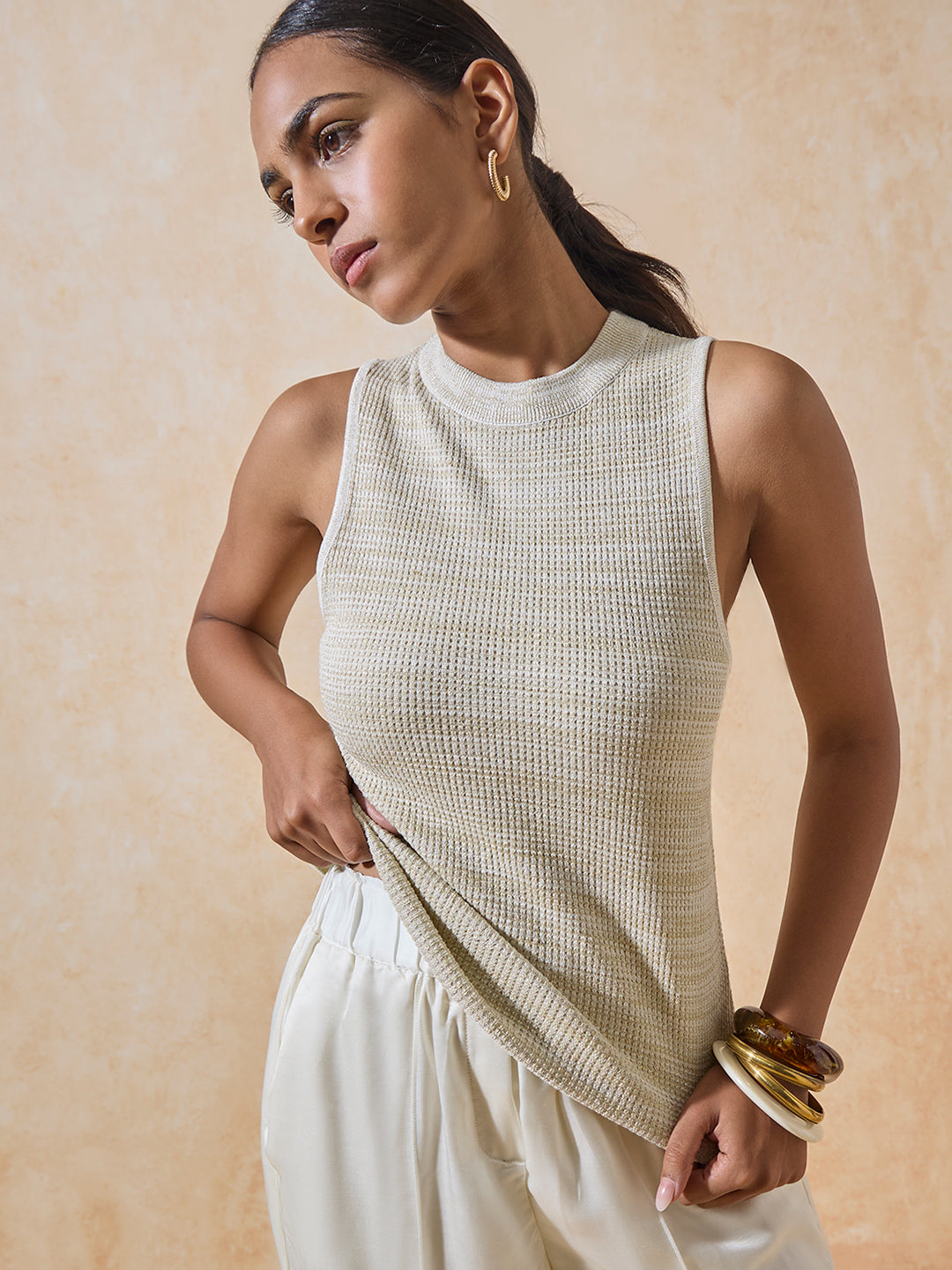 Metallic Knit Tank Top - Off White