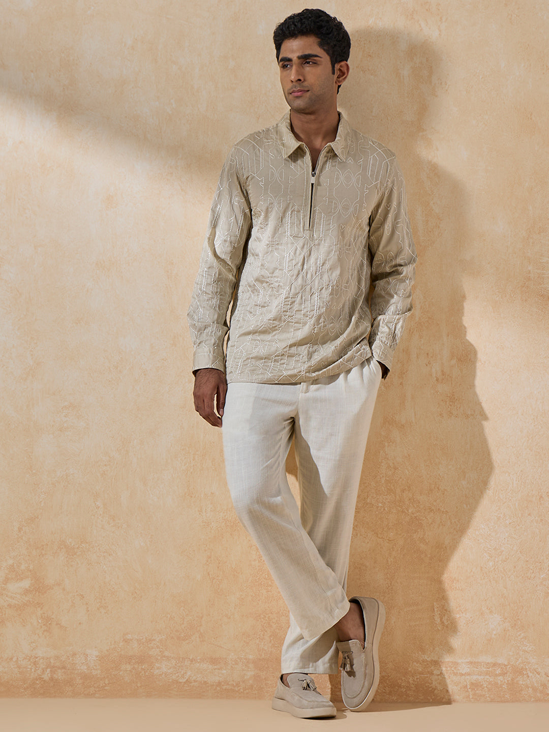 Embroidered Short Kurta - Beige