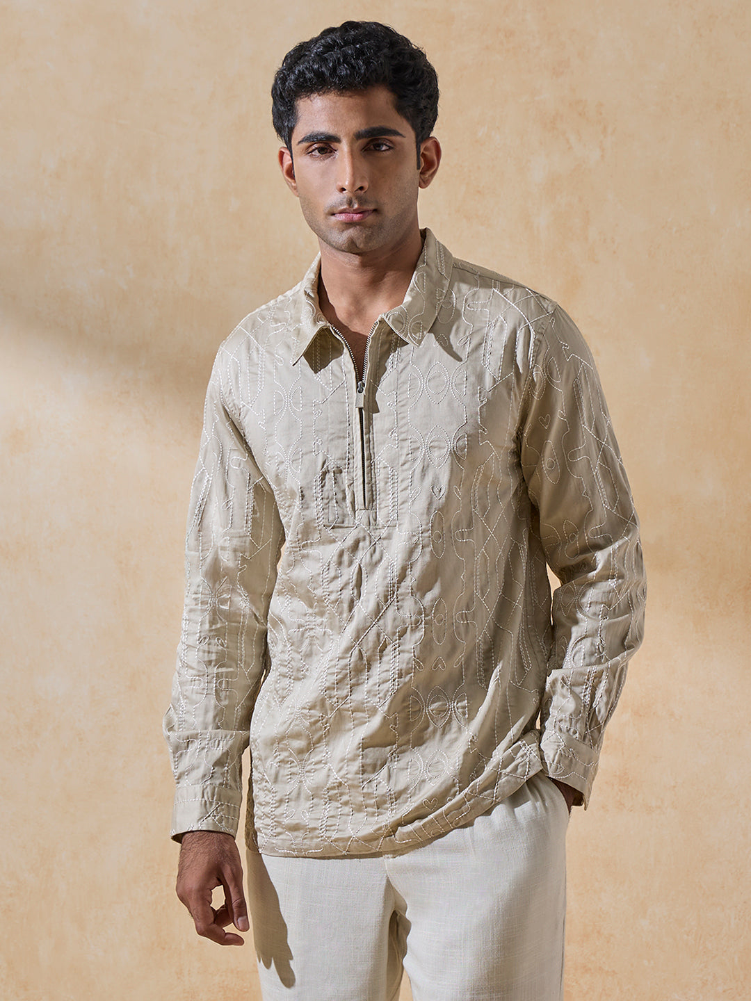Embroidered Short Kurta - Beige