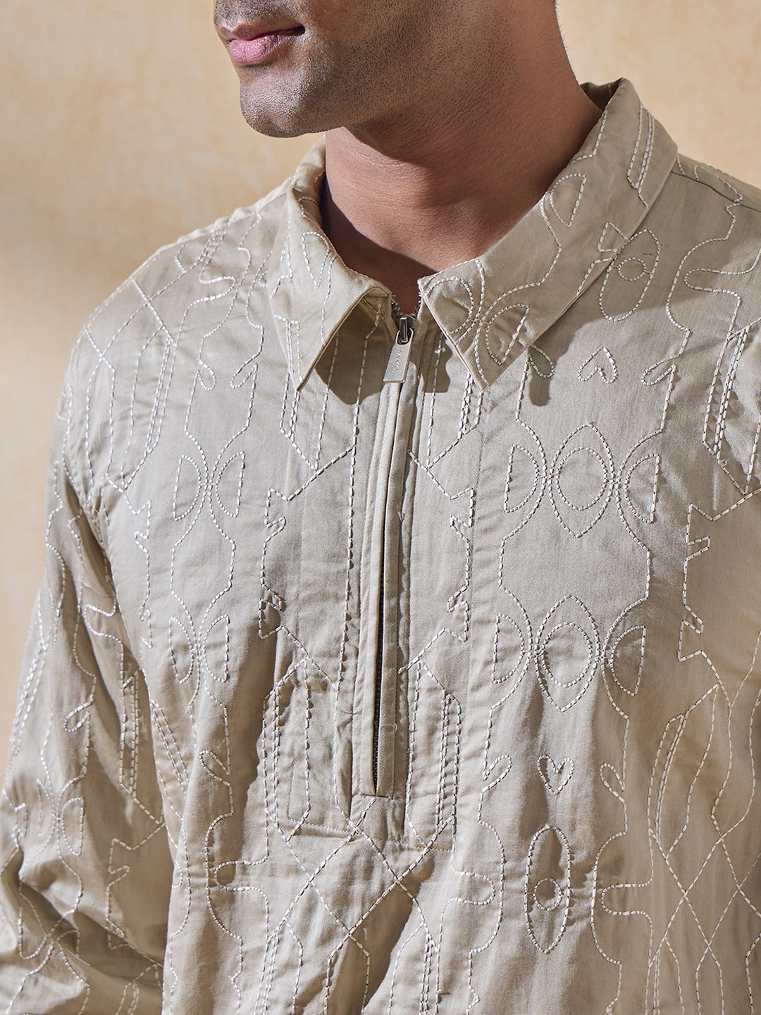 Embroidered Short Kurta - Beige