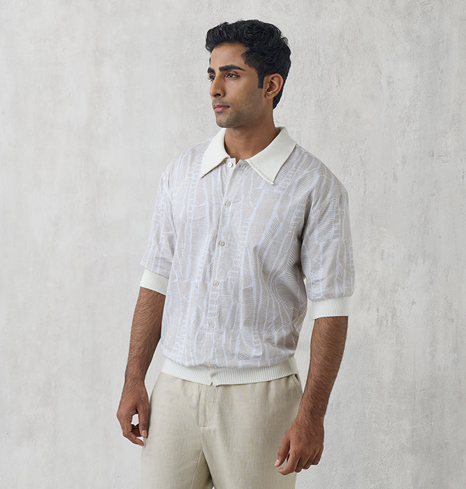 Abstract Knitted Polo T-Shirt – Beige