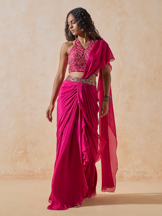 Pre-Draped Saree - Pink