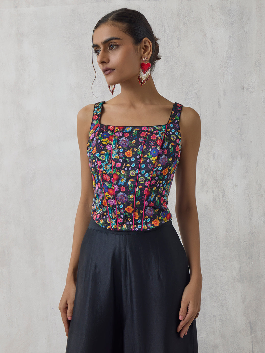Floral Printed Corset Top - Black