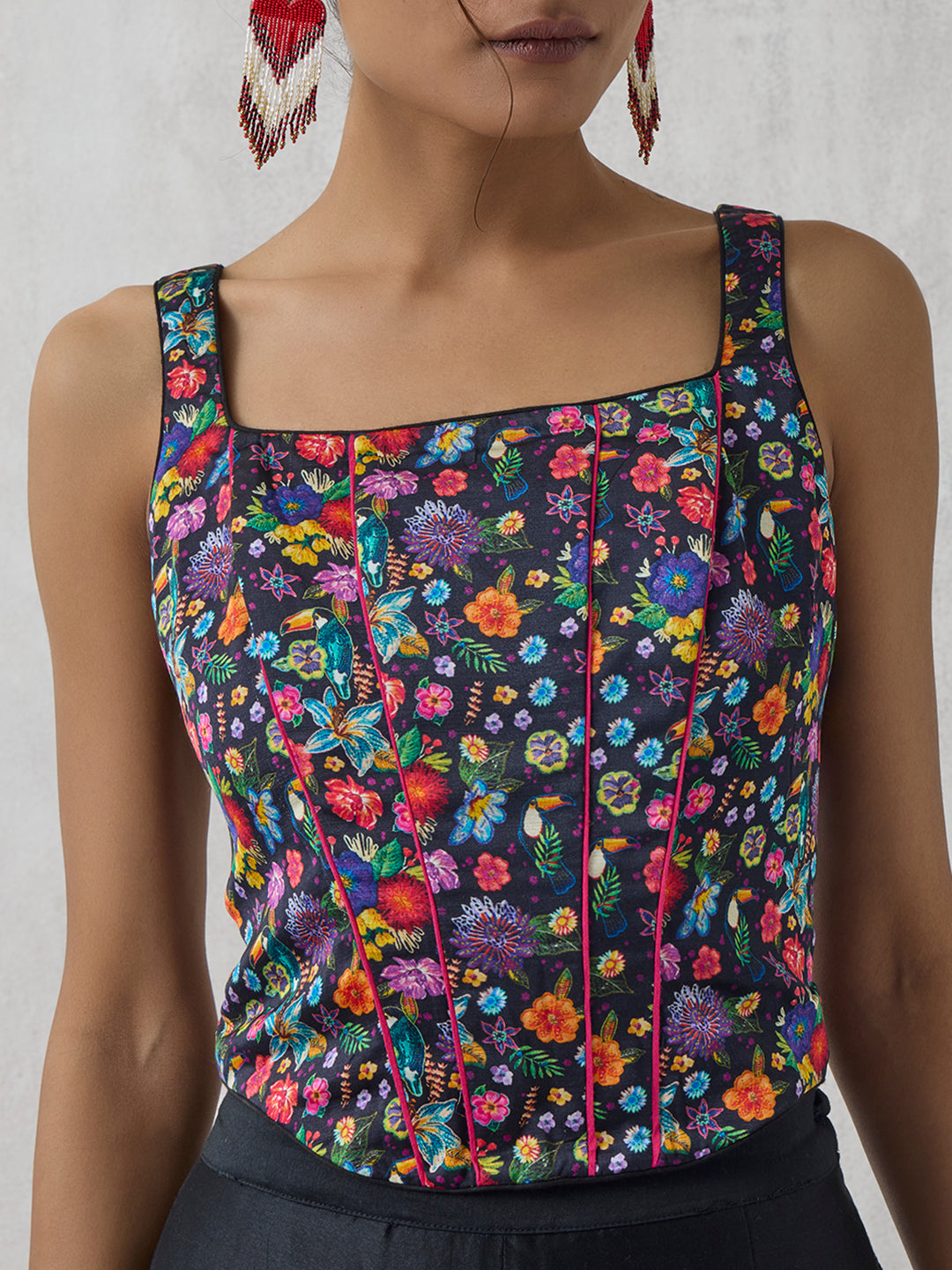 Floral Printed Corset Top - Black