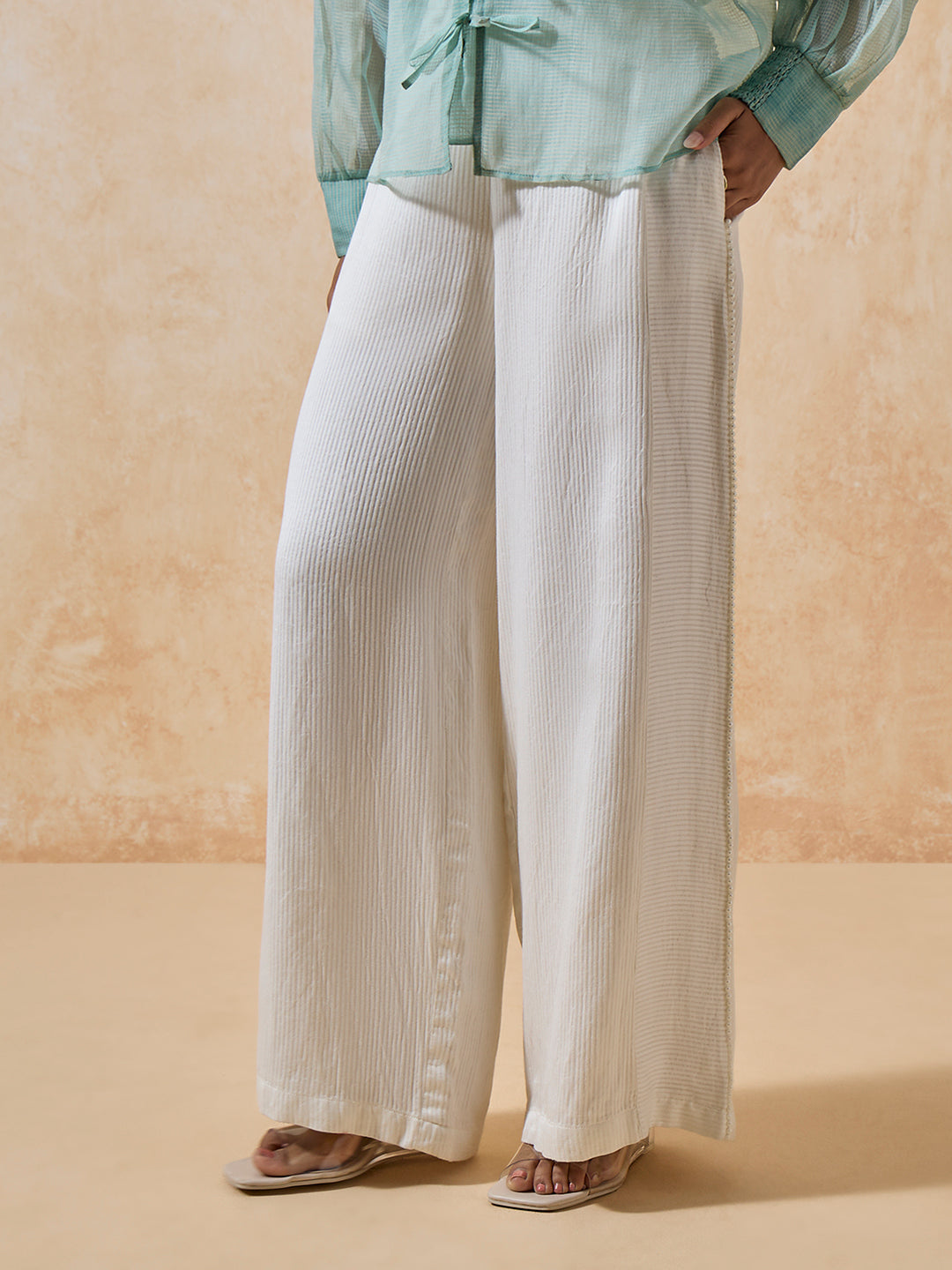 Self-Striped Trousers - White
