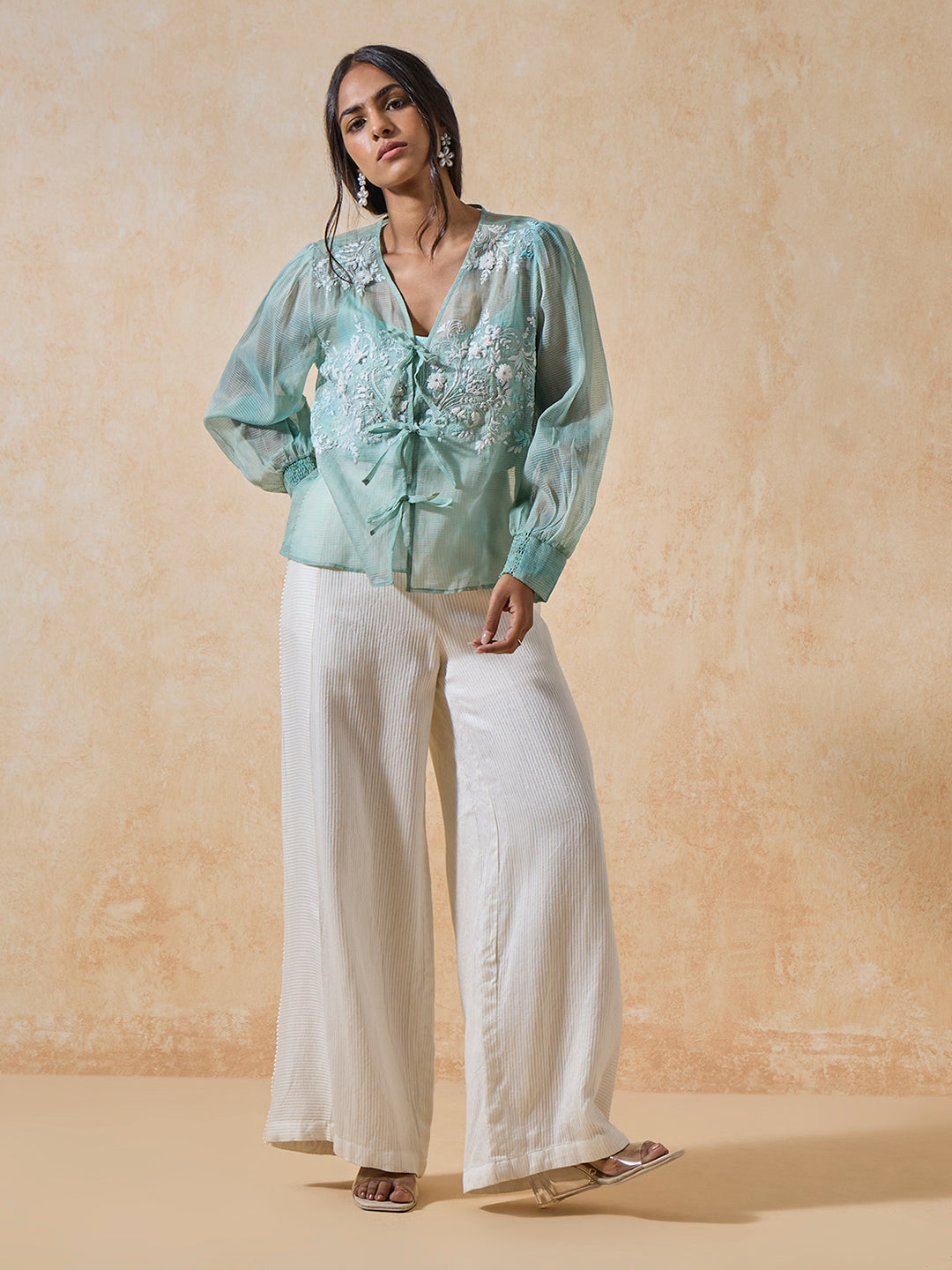 Self-Striped Trousers - White