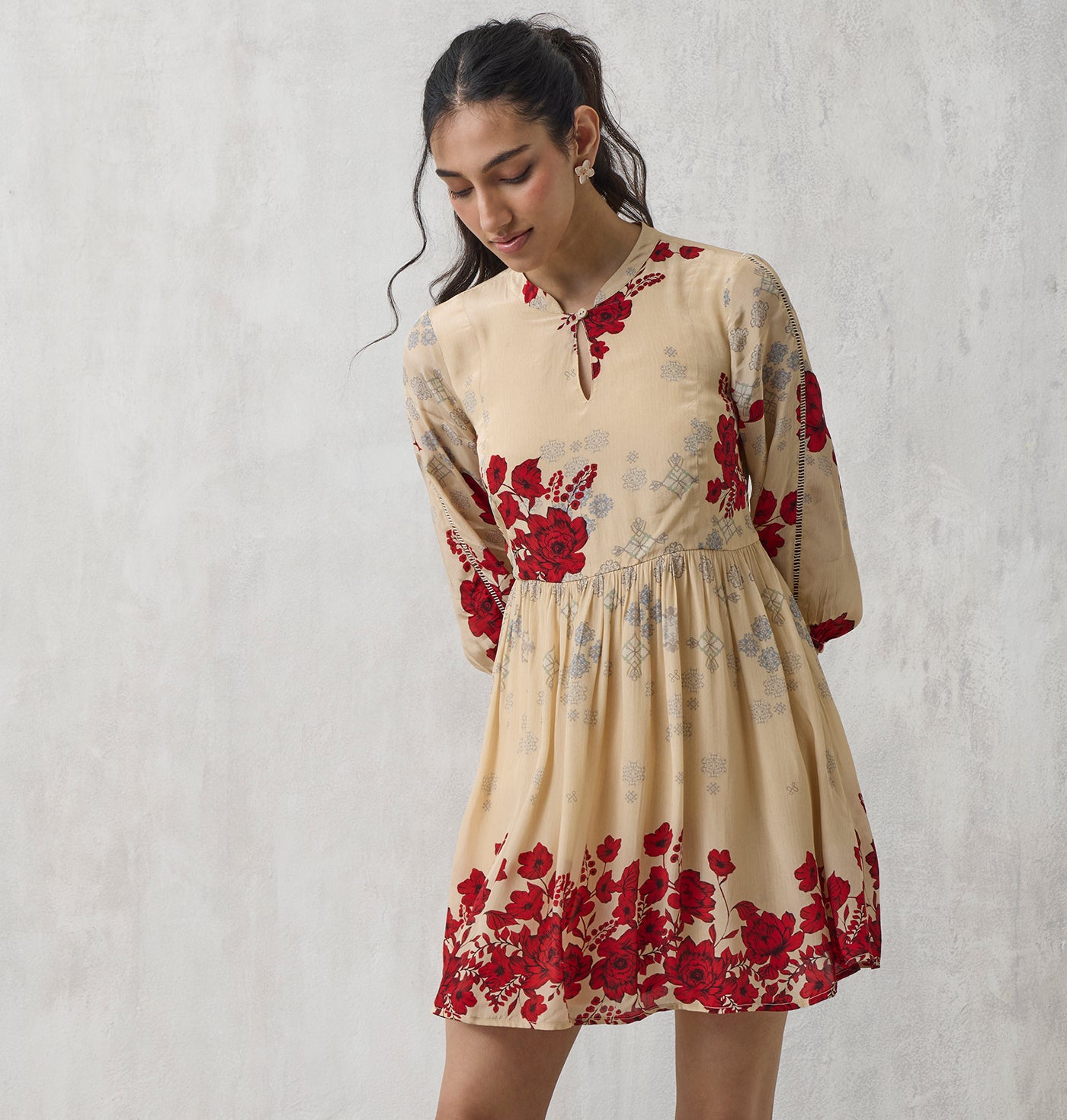 Floral Mini Dress - Beige