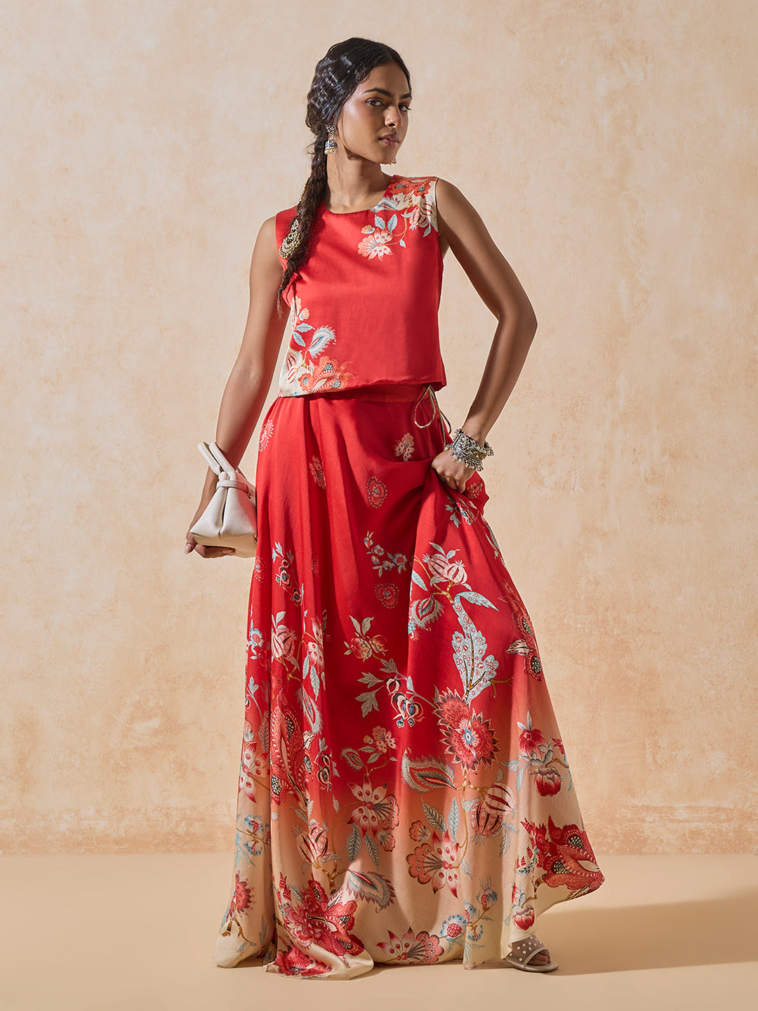 Printed Lehenga Skirt - Red