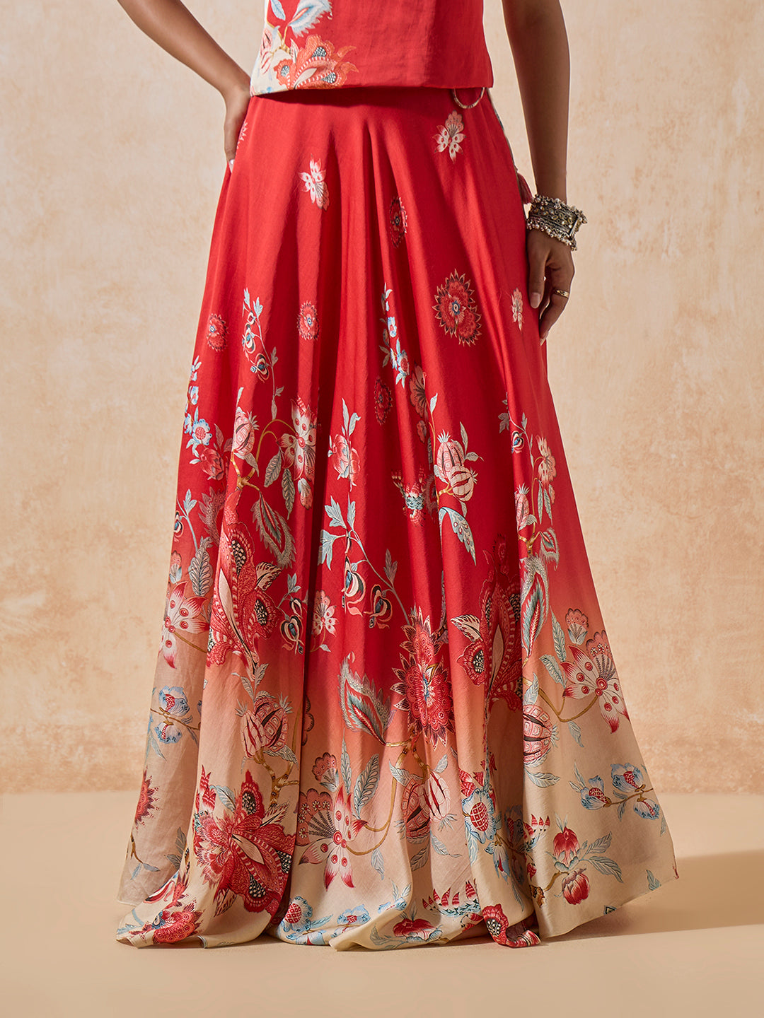 Printed Lehenga Skirt - Red