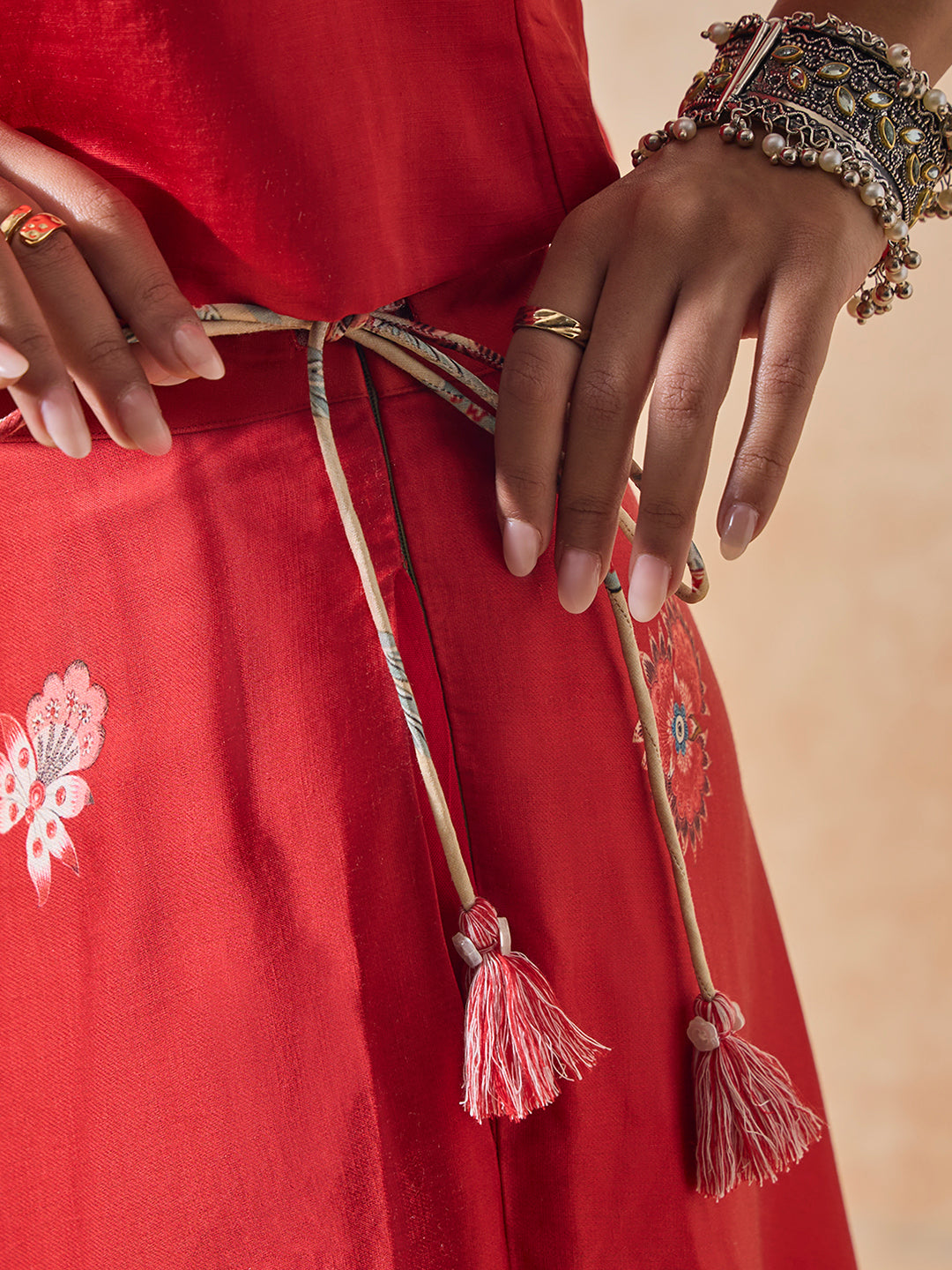 Printed Lehenga Skirt - Red