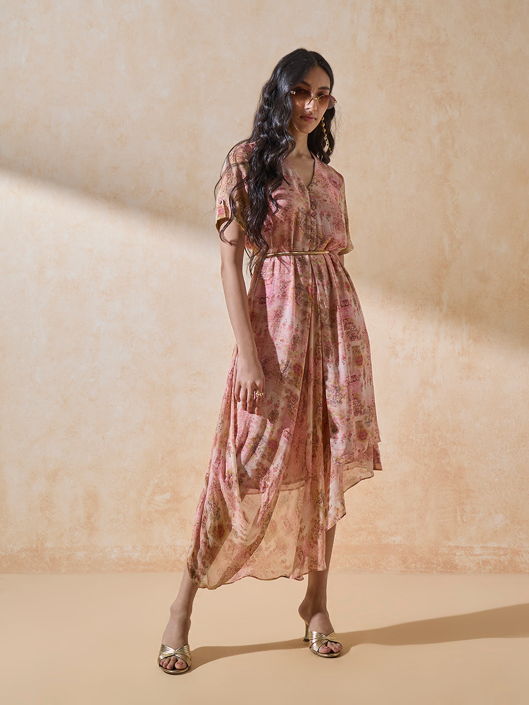 Printed Draped Dress - Pink