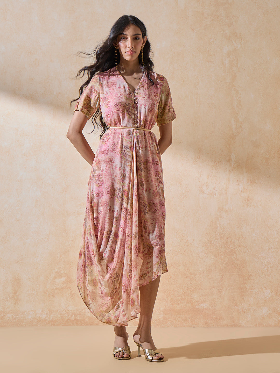 Printed Draped Dress - Pink