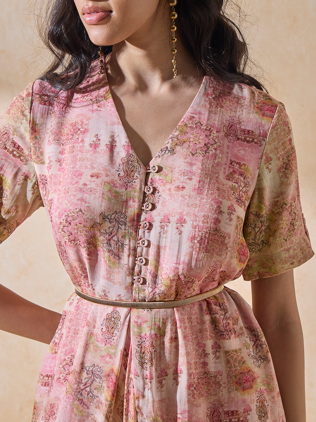 Printed Draped Dress - Pink