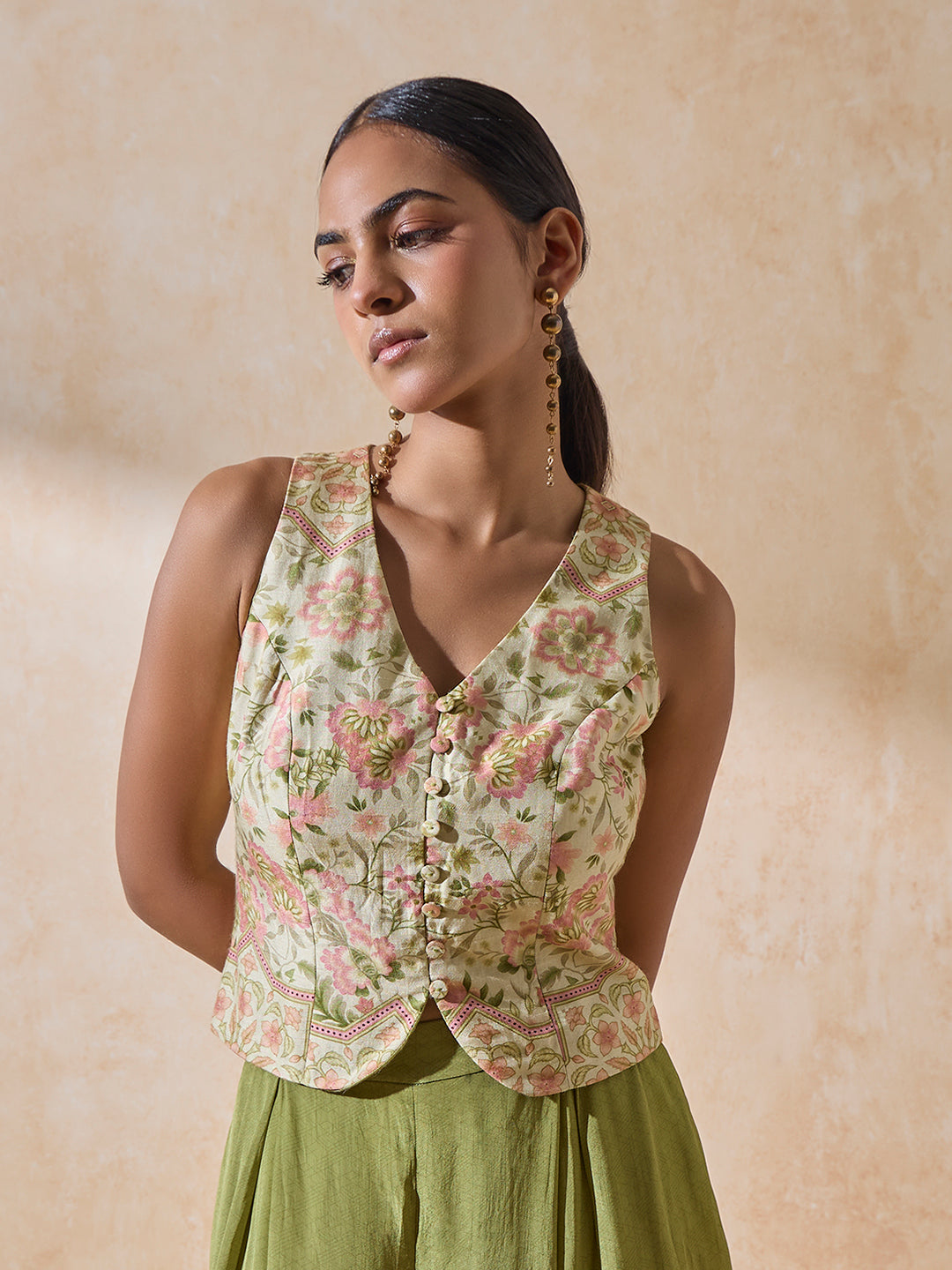 Floral Waistcoat Top - Green