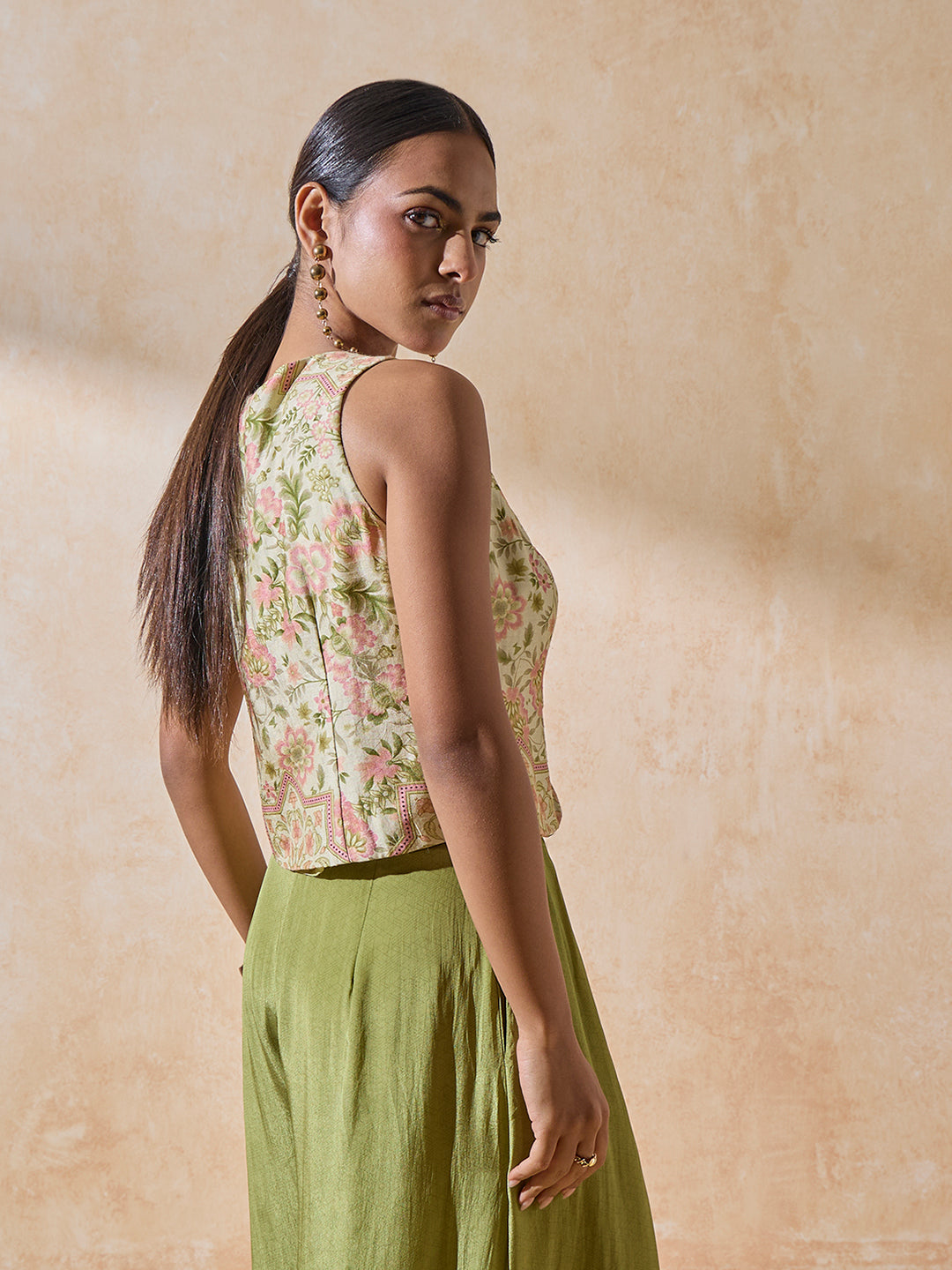 Floral Waistcoat Top - Green