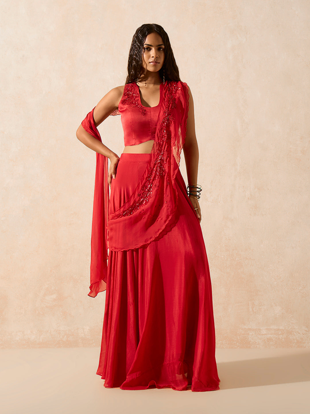 Skirt with Attached Pallu - Red