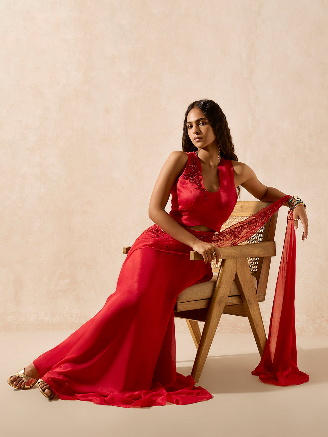 Skirt with Attached Pallu - Red