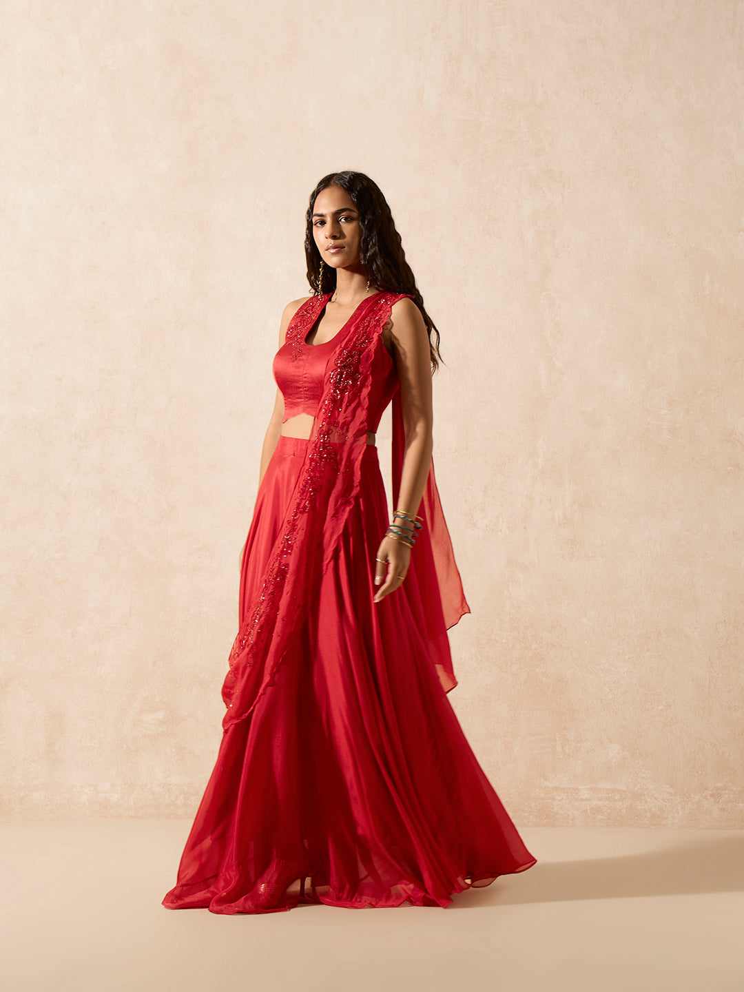 Skirt with Attached Pallu - Red