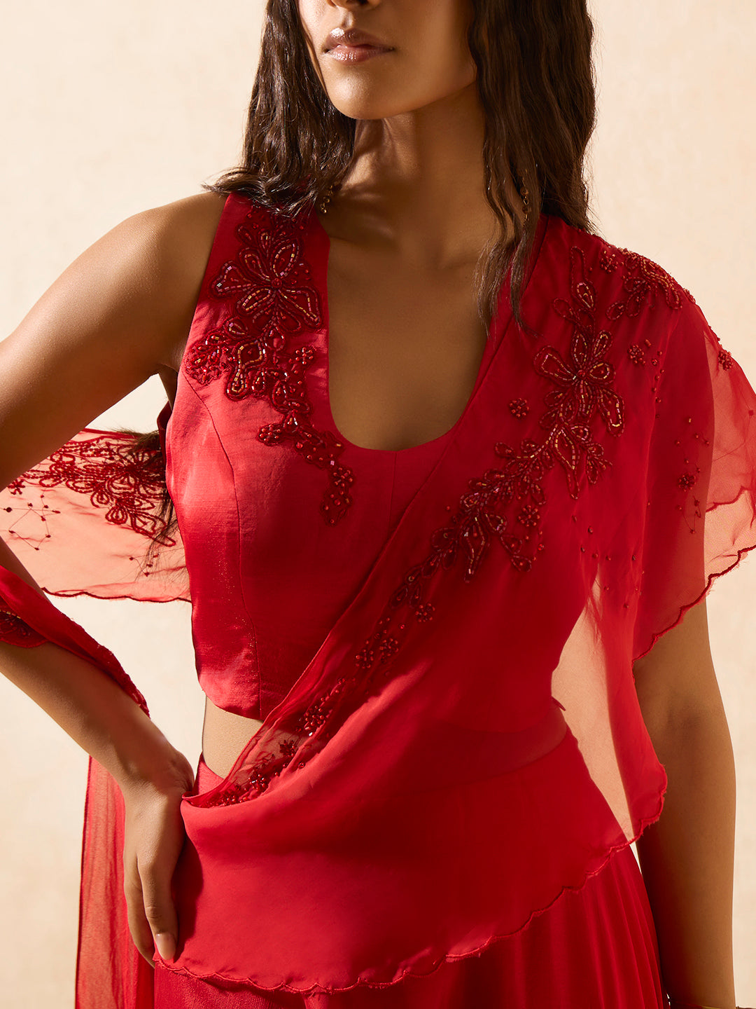 Skirt with Attached Pallu - Red