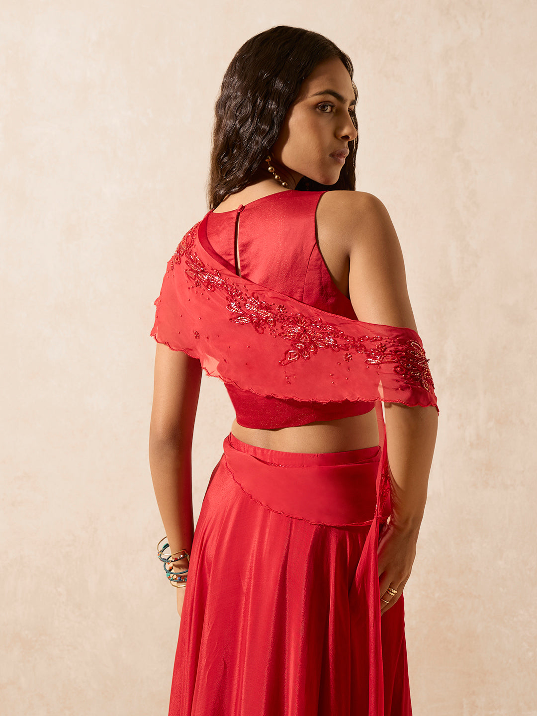 Skirt with Attached Pallu - Red
