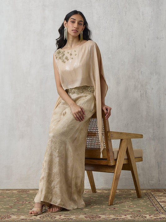 Embroidered Top And Jaquard Co-ord Set - Gold