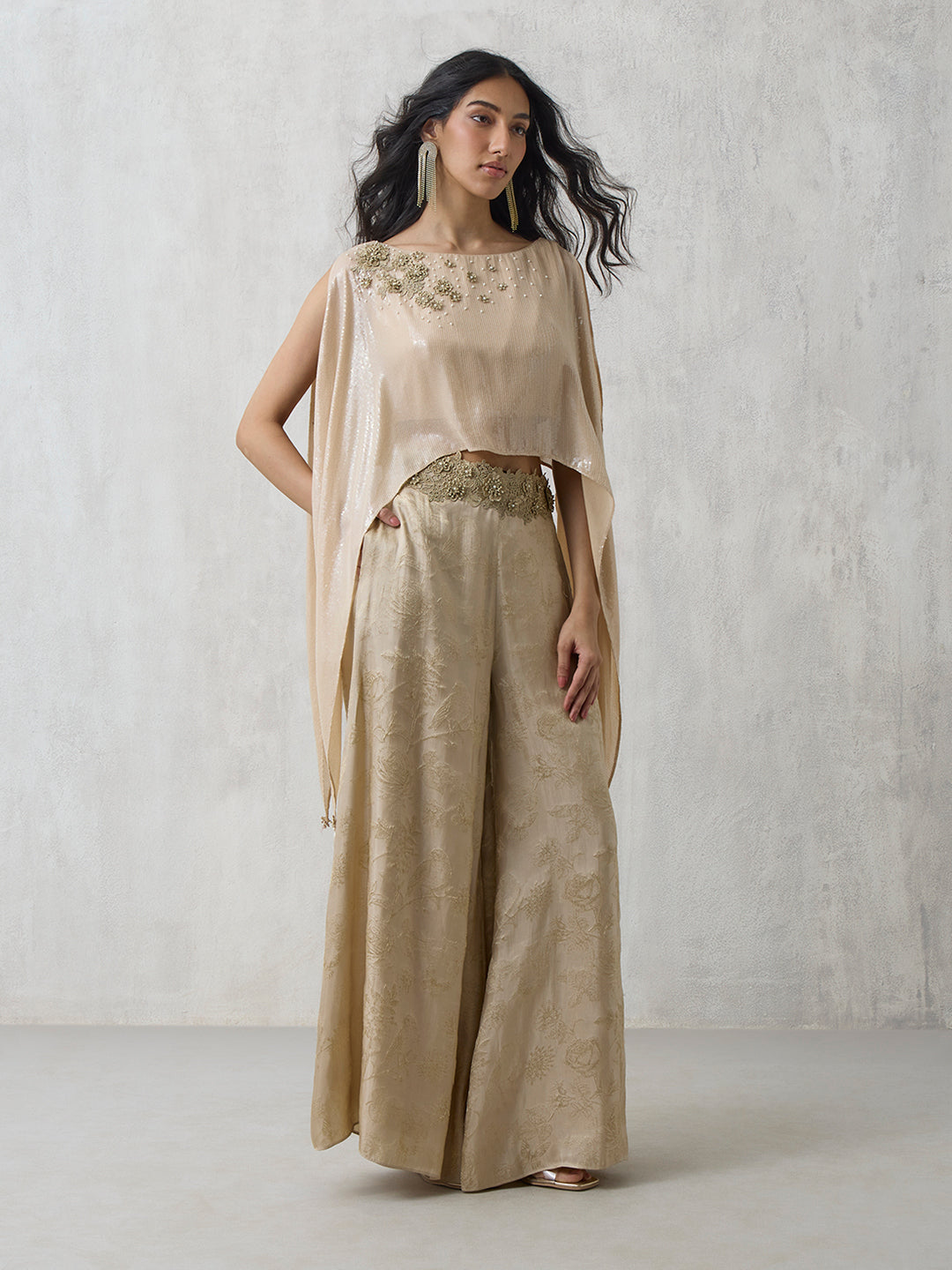 Embroidered Top And Jaquard Co-ord Set - Gold