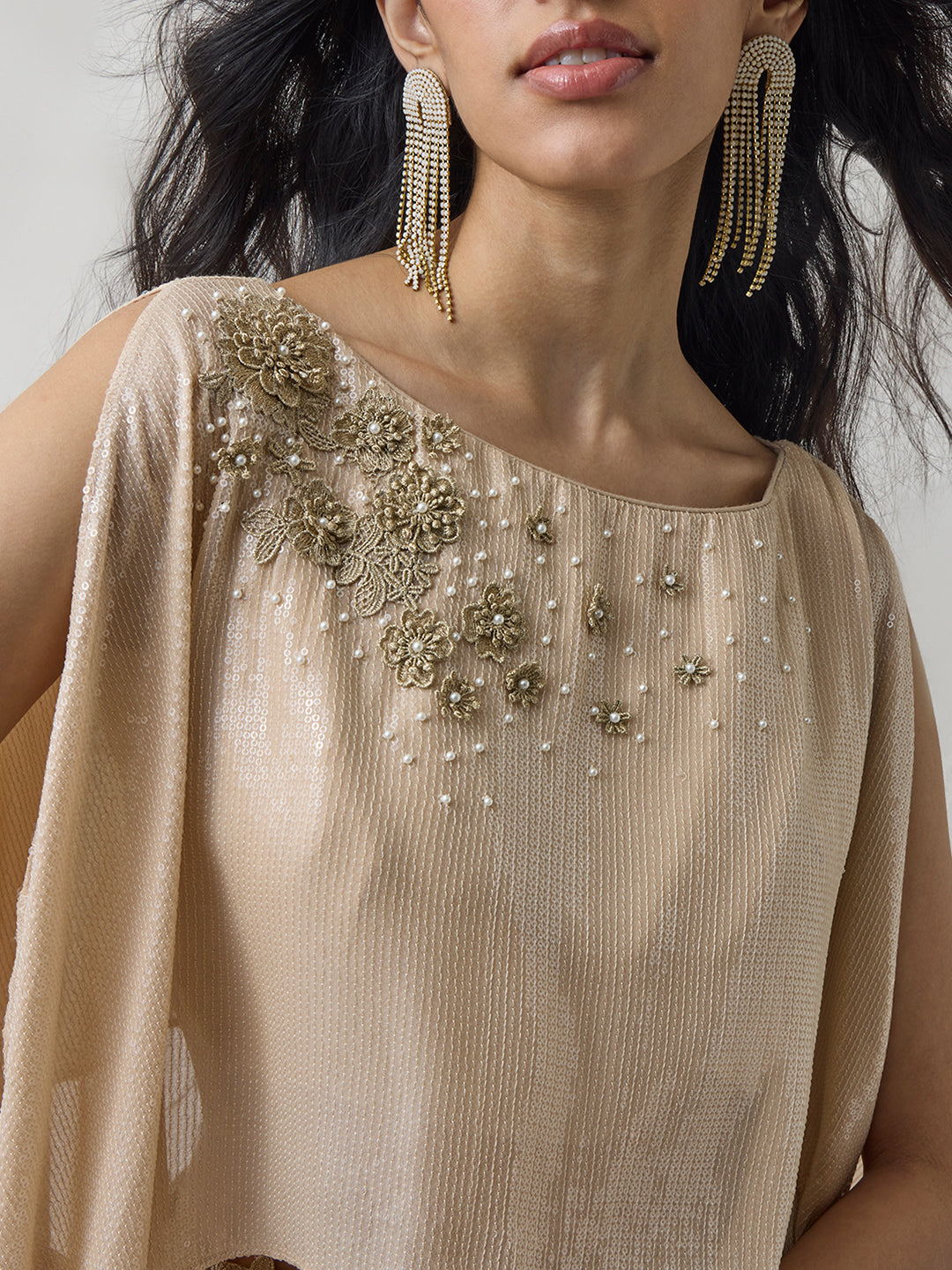 Embroidered Top And Jaquard Co-ord Set - Gold