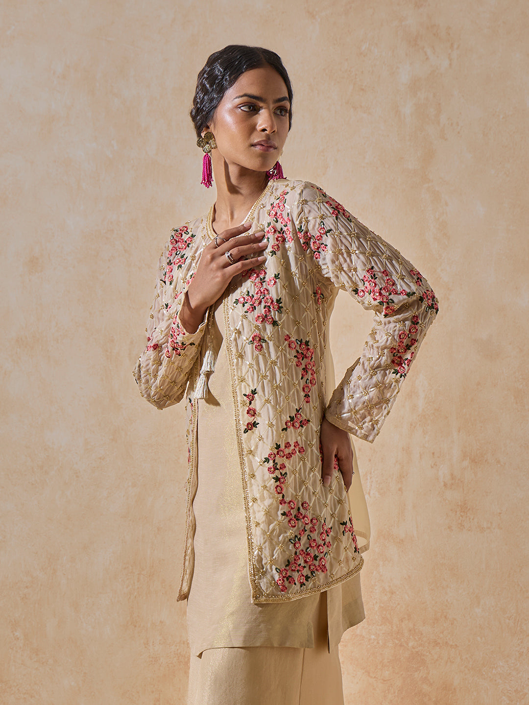 Floral Embroidered Kurta - Beige