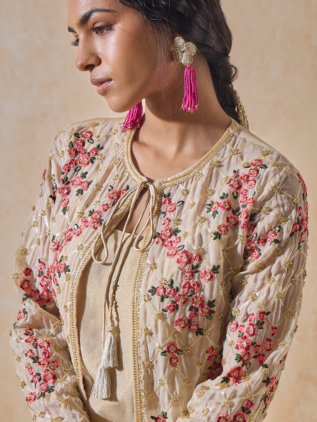 Floral Embroidered Kurta - Beige